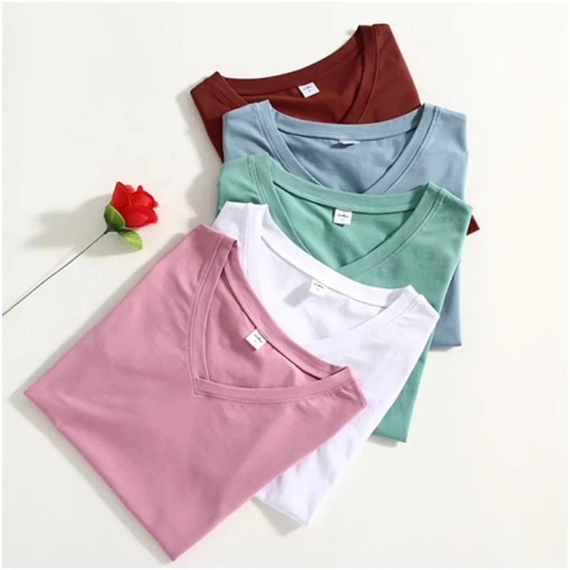 CHINEE-100-Cotton-Combed-Soft-Plain-V-neck-T-Shirt-Women-with-Custom-Printing