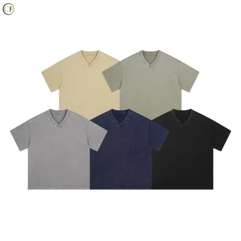 CHINEE-100-Cotton-Solid-Color-Knitted-T-shirts-Retro-Washed-V-neck-Mens-T-shirts