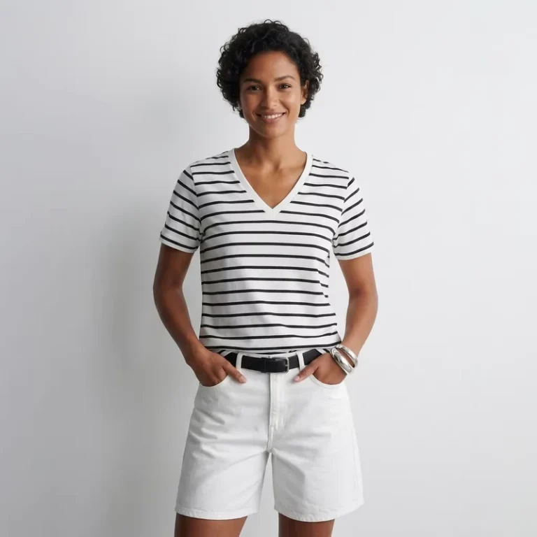 CHINEE-100-Cotton-Striped-Tshirt-for-Women-Loose-V-Neck-Causal-Summer-Top-Short-Sleeves-Classic-Versatile-Breathable-Light-Weight
