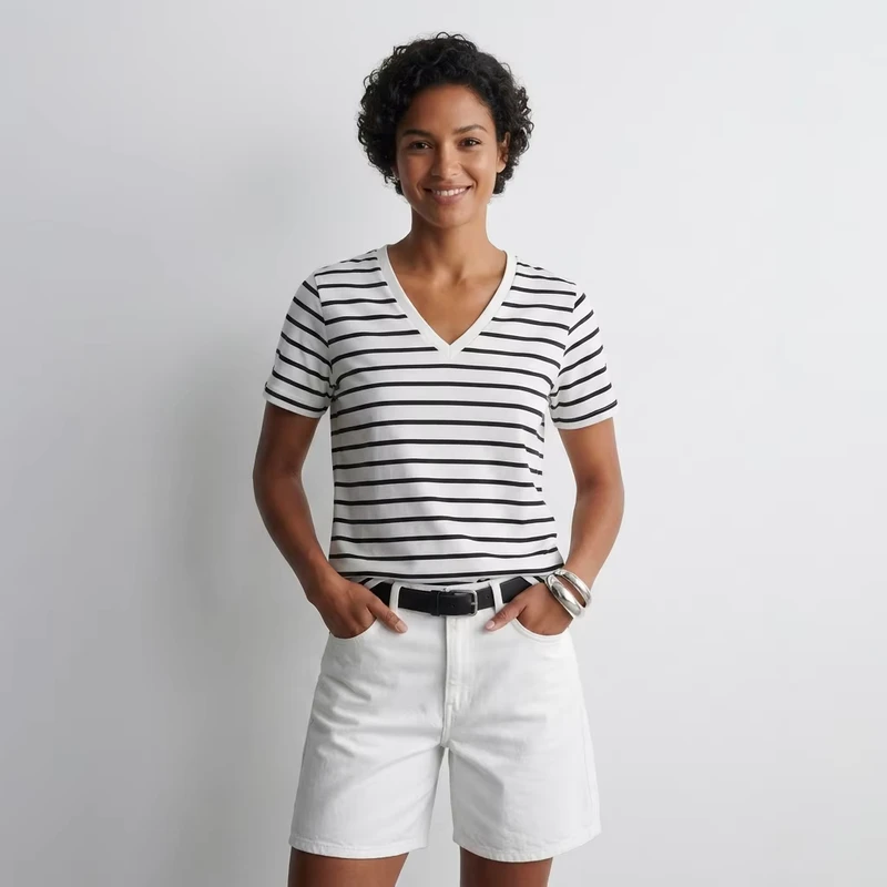 CHINEE-100-Cotton-Striped-Tshirt-for-Women-Loose-V-Neck-Causal-Summer-Top-Short-Sleeves-Classic-Versatile-Breathable-Light-Weight