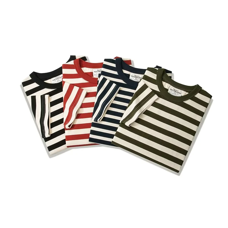 CHINEE-230g-Heavyweight-Crew-Neck-Pure-Cotton-Vintage-Striped-Short-Sleeve-Fitted-Street-Style-Youth-T-Shirt