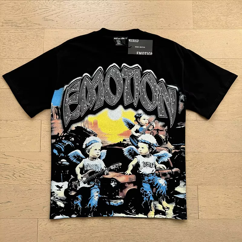 CHINEE-250G-Heavyweight-Cotton-Tshirt-Loose-Trendy-T-Shirt-Hot-Brick-Graffiti-Printed-Rhinestones-Mens-T-shirt