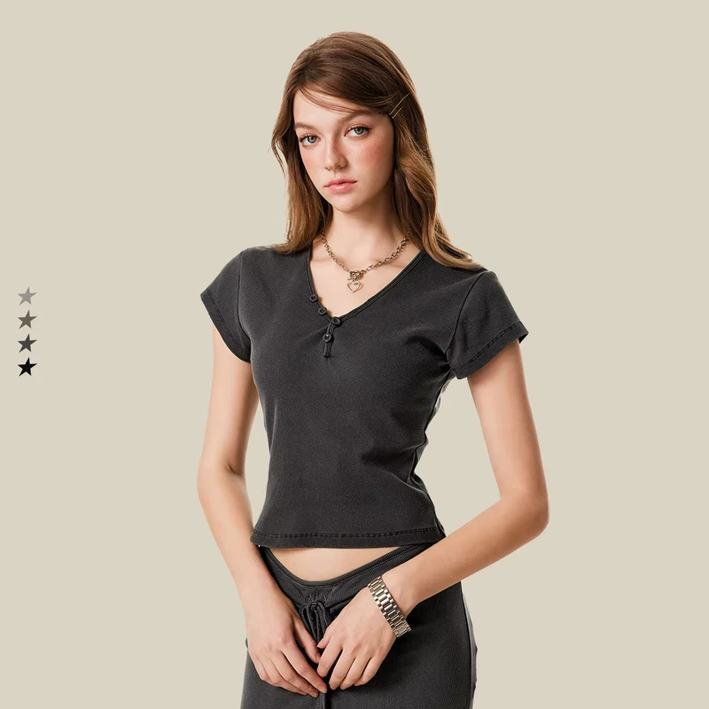 CHINEE-275GSM-Cotton-Spandex-V-Neck-Slim-Fit-Street-Wear-Crop-Short-Sleeve-Custom-Logo-Embroidery-Womens-T-Shirts-With-4-Color