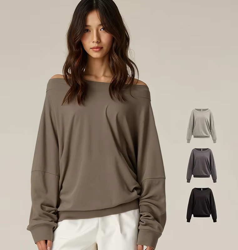 CHINEE-47.5Cotton-47.5Modal-5Spandex-Womens-Off-the-Shoulder-Tops-170Grams-Boat-Neck-Loose-Casual-Long-Sleeve-T-Shirt
