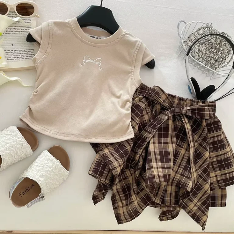 CHINEE-90-150cm-Girls-Korean-Style-Summer-Cotton-Short-sleeved-Embroidered-T-shirt-Set-Thin-Plaid-Bow-Irregular-Skirt-Two-piece-Set