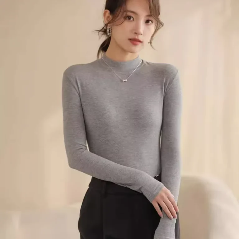 CHINEE-92-Viscose-8-Spandex-Mock-Neck-Long-Sleeve-T-Shirt-Women-Fitted-Stretch-Top-Tshirts