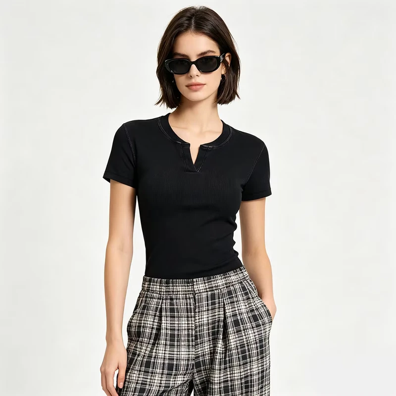 CHINEE-AMCLEVER-Fashion-Womens-V-Neck-T-Shirt-275g-Cotton-Spandex-Slim-Fit-Printed-Raglan-Sleeve-Jersey-Fabric-Stretch-Tops