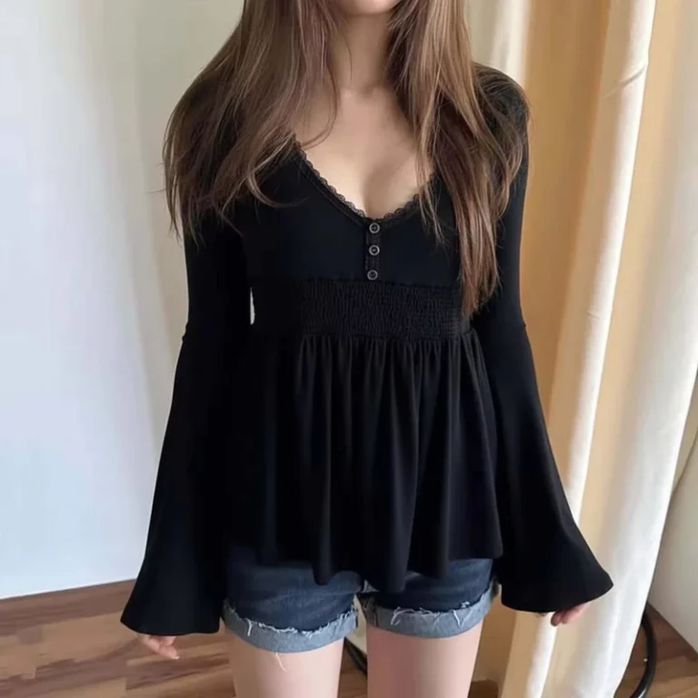 CHINEE-American-Fashion-Waist-Shrinking-Pleated-Solid-Color-Pure-Desire-Style-V-Neck-Long-Sleeved-Womens-T-Shirt
