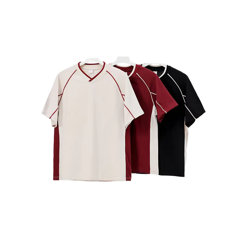 CHINEE-American-Retro-Design-260G-Heavyweight-V-Neck-Short-Sleeved-T-shirt-Knitted-Contrasting-Colors-Blocking-Sports-Half-Sleeve