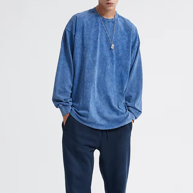 CHINEE-American-Vintage-Style-250g-100-Cotton-Crewneck-Pullover-Blank-Acid-Washt-t-Shirt-Long-Sleeve-for-Mens