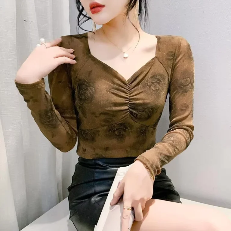CHINEE-Autumn-New-Womens-Fashion-V-neck-Micro-transparent-T-shirt-Gauze-Fashion-Pleated-Inner-Top