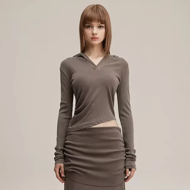 CHINEE-Autumn-Retro-Casual-Spicy-Girl-T-Shirt-for-Women-V-Neck-Hooded-Slim-Fit-Long-Sleeved-Cinched-Waist-Printed-Washed-Knitted