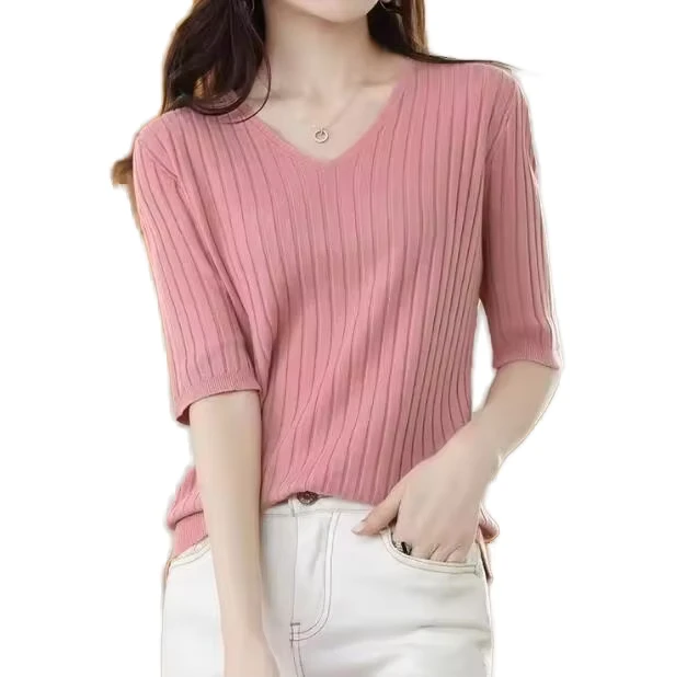 CHINEE-Autumn-Winter-New-Fashion-Casual-V-Neck-Spandex-Cotton-Knitting-Short-Sleeved-Slim-Womens-T-Shirt-OEM-Brand