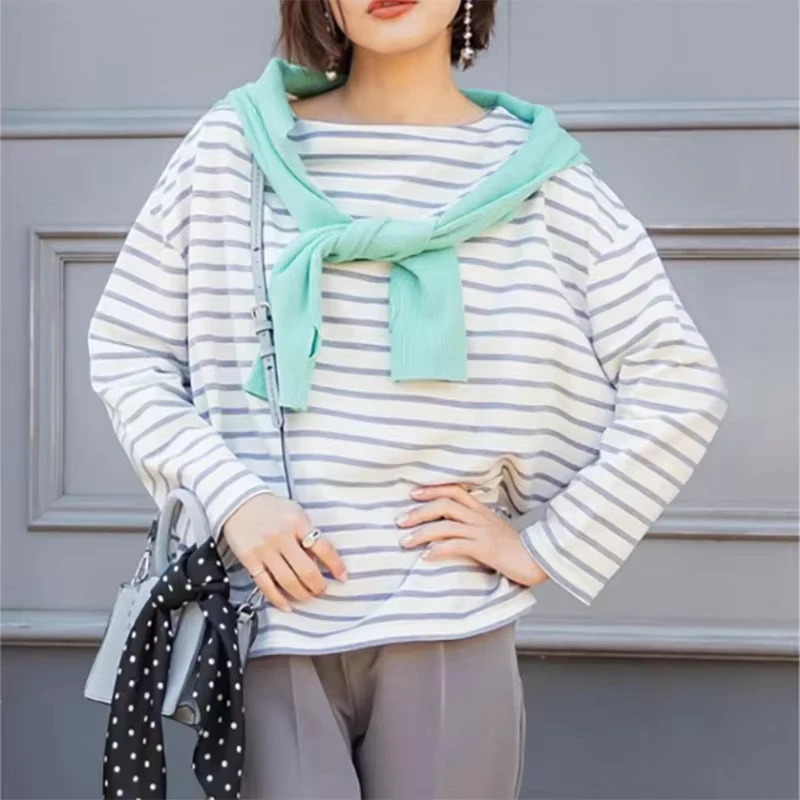 CHINEE-Autumn-Women-Striped-T-Shirt-Casual-Cotton-Basic-Round-Neck-Long-Sleeve-Top-for-Ladies-Streetwear