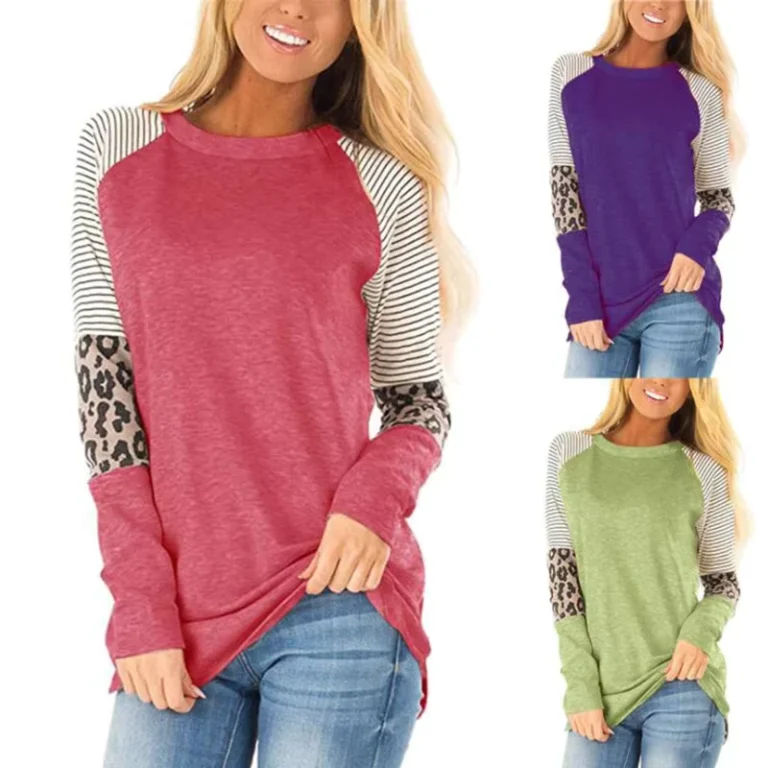 CHINEE-Autumn-Womens-Leopard-T-shirt-Round-Neck-Long-Sleeve-Striped-Printed-Solid-Color-Casual-Loose-Ladies-Basics-T-Shirts