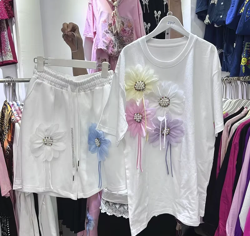 CHINEE-Beaded-Flower-Round-neck-Short-sleeved-T-shirt-Top-for-Women-with-Elastic-Waist-and-Wide-leg-Shorts-Set