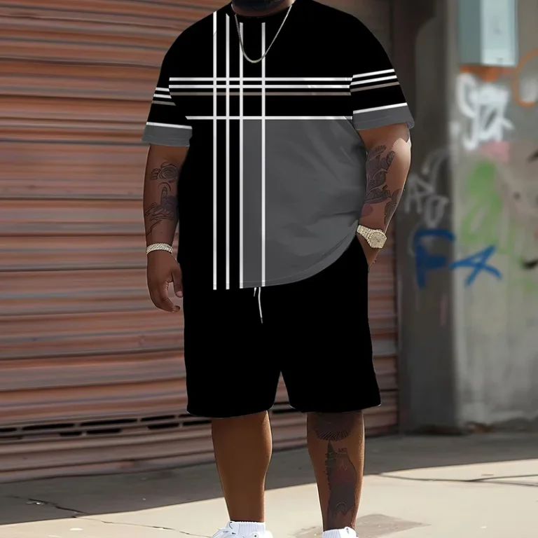 CHINEE-Big-Mens-Minimalist-Urban-Themed-2-Piece-Set-Breathable-Black-Gray-T-Shirt-and-Geometric-Print-Shorts-for-Streetwear