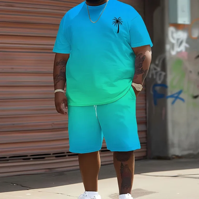 CHINEE-Big-Mens-Minimalist-Vacation-Themed-2-Piece-Set-Breathable-Blue-Green-Ombre-T-Shirt-and-Palm-Print-Shorts-for-Beach
