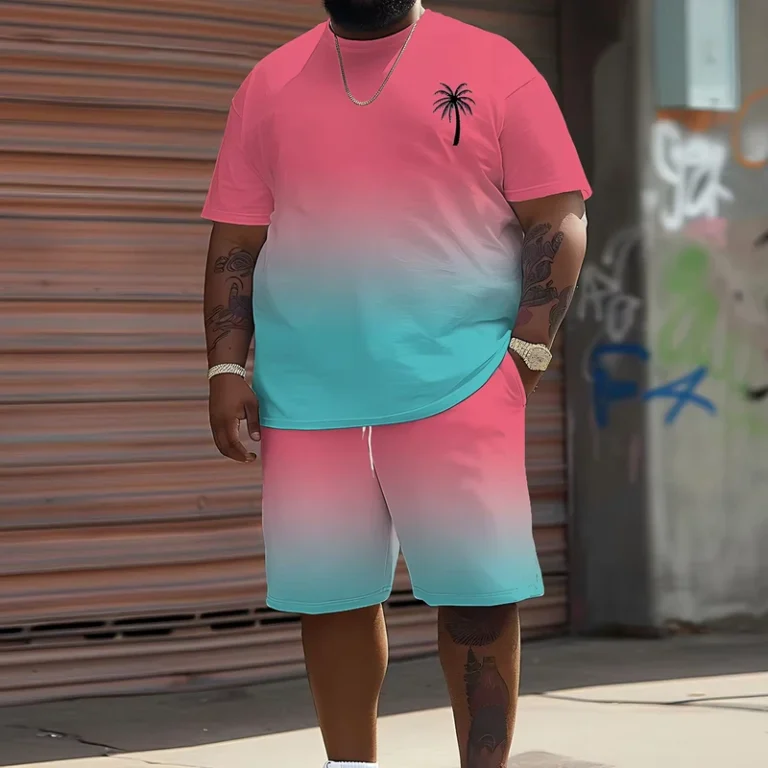 CHINEE-Big-Mens-Minimalist-Vacation-Themed-2-Piece-Set-Breathable-Pink-Blue-Ombre-T-Shirt-and-Palm-Print-Shorts-for-Beach