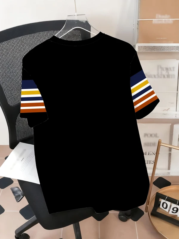 CHINEE-Big-Mens-Retro-Sporty-Themed-2-Piece-Set-Breathable-Black-T-Shirt-and-Multicolor-Stripe-Shorts-for-Streetwear