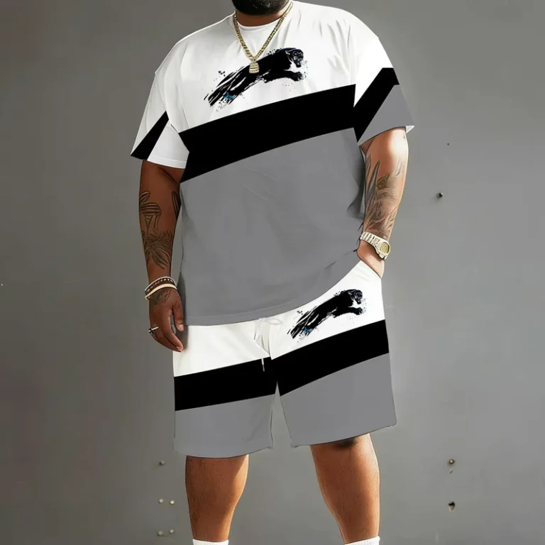 CHINEE-Big-Mens-Urban-Animal-Print-Themed-2-Piece-Set-Breathable-Color-Block-Panther-T-Shirt-and-Shorts-for-Streetwear