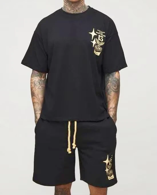 CHINEE-Black-Breathable-Summer-Casual-Printed-Cotton-Heavyweight-French-Terry-Stand-Collar-Seamless-Fusing-Tall-Mens-T-Shirt-Set