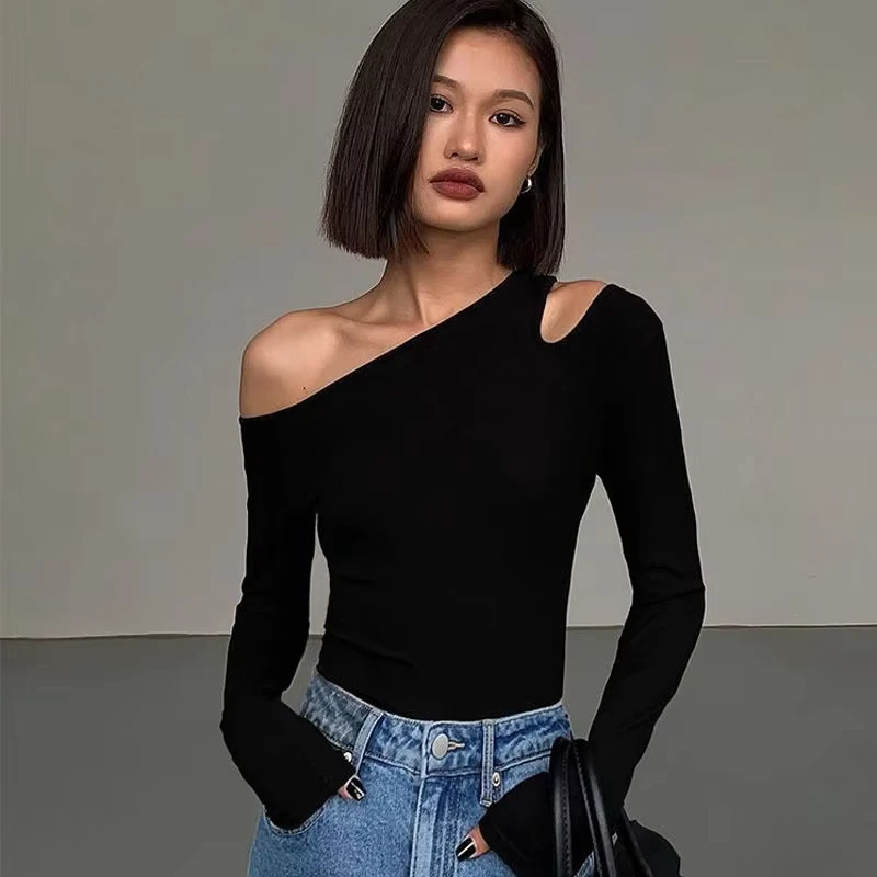 CHINEE-Black-Sexy-Off-Shoulder-Long-Sleeved-Slim-Fit-Casual-Solid-T-Shirt-for-Women-Autumn-Breathable-Fabric-Perfect-Base-Shirt-Top