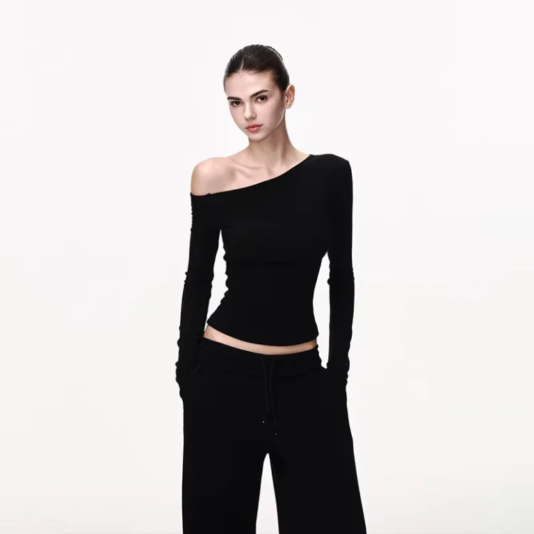 CHINEE-Black-Viscose-Soft-High-Elastic-Long-sleeved-Womens-Spring-Off-shoulder-Asymmetrical-Slim-fit-T-shirt-Slanted-Shoulder-Short