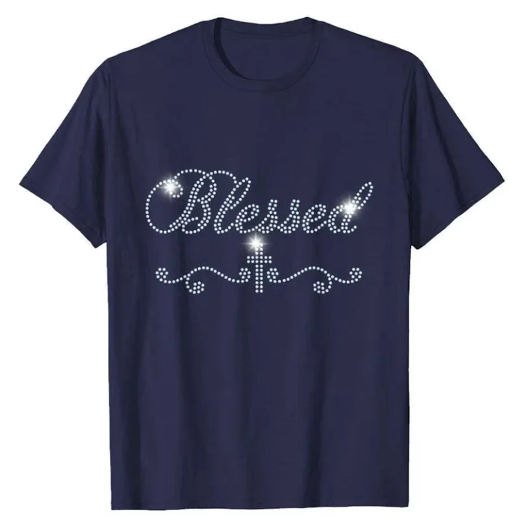 CHINEE-Blessed-Rhinestone-T-Shirt-Women-Crew-Neck-Short-Sleeve-Regular-Fit-100-Cotton-Jersey-Casual-All-Seasons