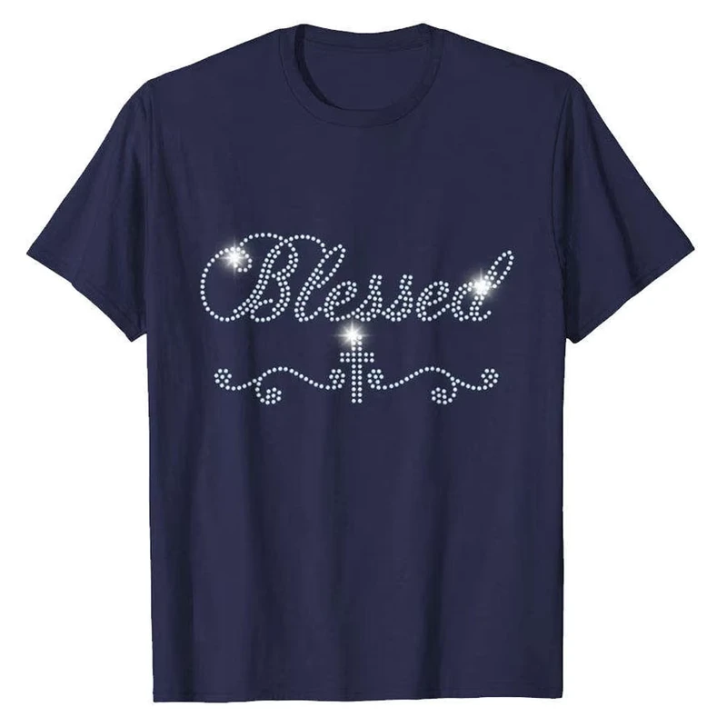CHINEE-Blessed-Rhinestone-T-Shirt-Women-Crew-Neck-Short-Sleeve-Regular-Fit-100-Cotton-Jersey-Casual-All-Seasons