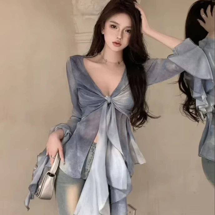 CHINEE-Blue-Ruffled-Long-sleeved-Shirt-Womens-French-V-neck-Top-Tie-dyed-Niche-Chic-Small-Shirt-Autumn