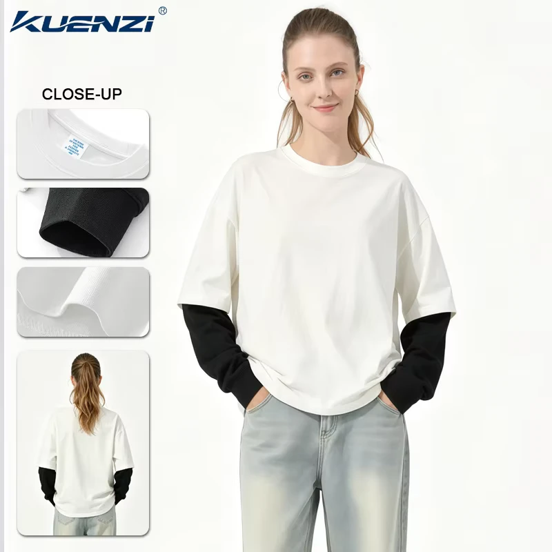 CHINEE-Boxy-American-Style-Contrasting-Splicing-Two-Piece-Set-Layered-280GSM-100-Cotton-Long-Sleeve-T-shirts
