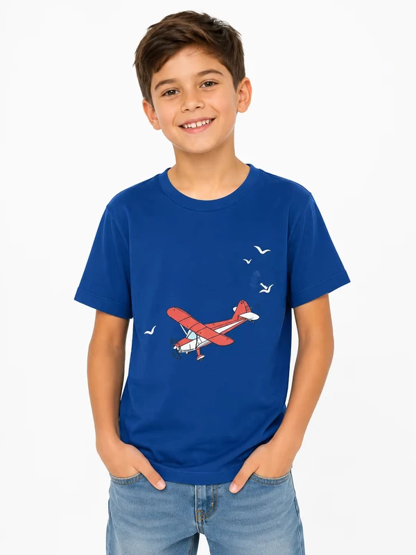 CHINEE-Boys-Blue-Airplane-Graphic-T-Shirt-Casual-Cotton-Half-Sleeve-Tee-Stylish-Printed-Kids-T-Shirt-Comfortable-Everyday-Wear-Top-Soft