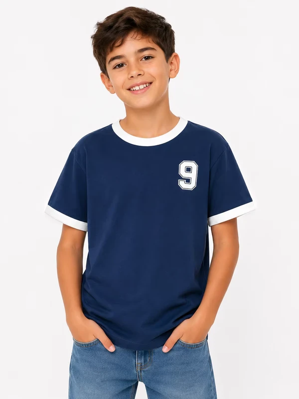 CHINEE-Boys-Navy-Blue-Ringer-T-Shirt-Casual-Cotton-Half-Sleeve-Tee-Stylish-Number-Print-Kids-T-Shirt-Comfortable-Everyday-Wear-Top-Soft