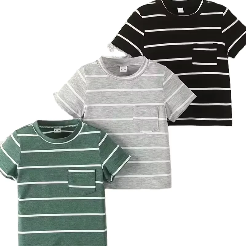 CHINEE-Boys-Summer-Fashion-Trendy-Comfortable-Black-Gray-and-Green-Striped-Round-Neck-Short-Sleeve-Shirt-3pcs-Set-Favorite-Photos