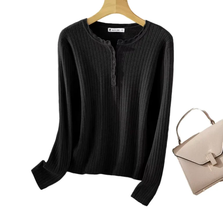 CHINEE-Brandy-BM-Womens-Sweet-Solid-Color-Neck-Three-button-Long-sleeved-100-Organic-Cotton-T-shirt-Top