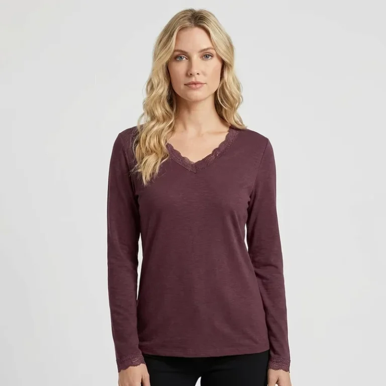 CHINEE-Burgundy-V-Neck-T-Shirt-Long-Sleeve-Classic-Fit-Top-in-Soft-Cotton-Womens-Everyday-Basic-Tee