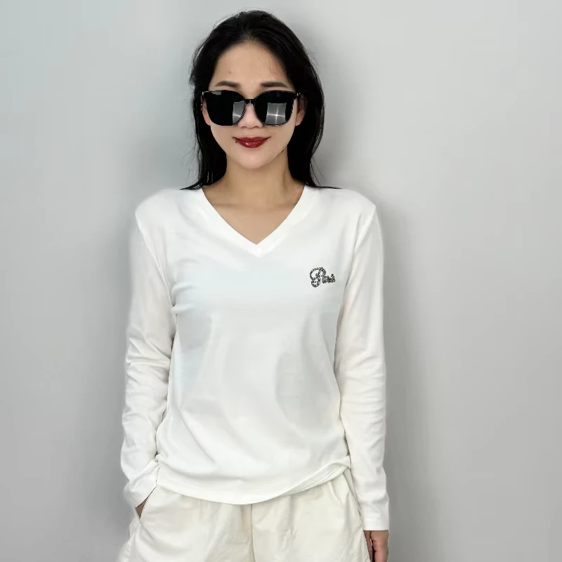 CHINEE-Casual-Fashions-Breathable-and-Quick-Dry-Cotton-Spandex-Top-With-Rhinestone-Decoration-Womens-Basic-V-Neck-T-Shirt