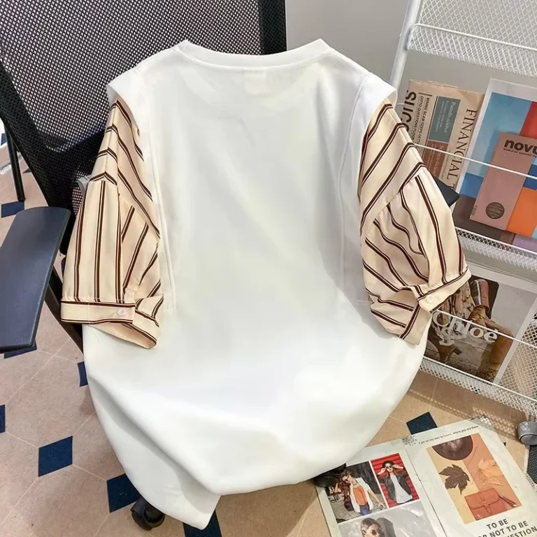 CHINEE-Casual-Summer-Womens-European-Style-Sweater-Dress-Loose-Fit-Long-Length-Knitted-Fabric-Spliced-T-Shirt-Design-Anti-Pilling