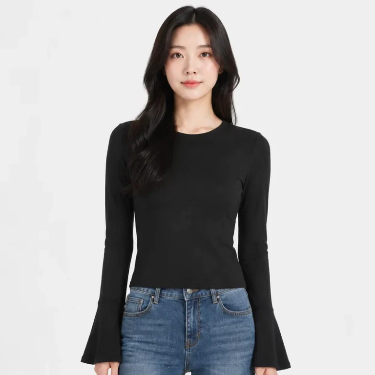 CHINEE-Classic-Black-Long-Sleeve-T-Shirt-for-Women-Elegant-Flare-Sleeve-Top-Crew-Neck-Slim-Fit-Tee
