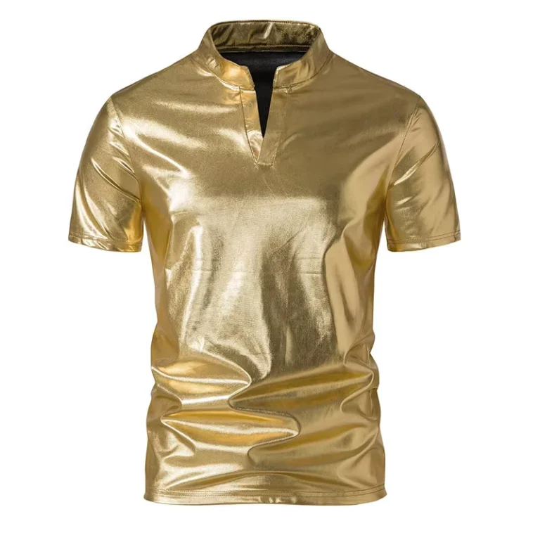 CHINEE-Classic-V-Neck-Knitted-Blank-Design-Mens-T-Shirt-Shiny-Royal-Blue-Coated-Nightclub-Hip-Hop-Streetwear