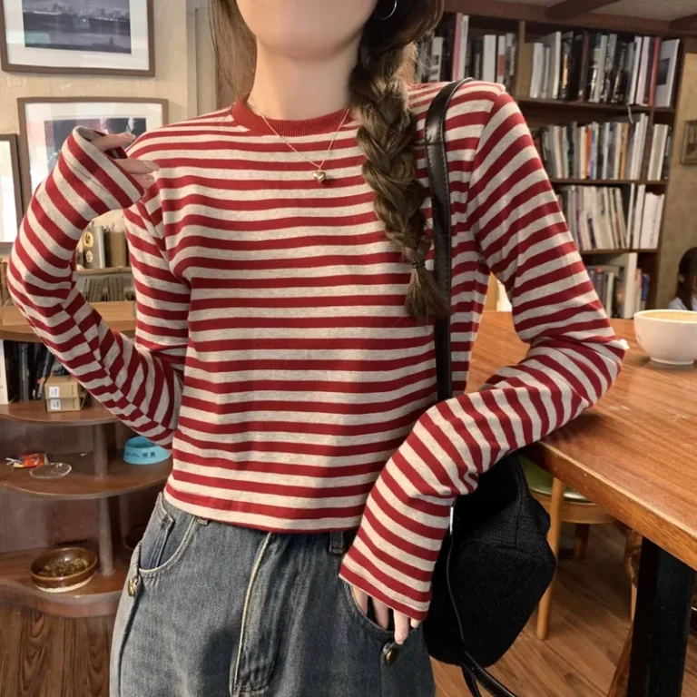 CHINEE-Contrast-Color-Striped-Womens-Long-sleeved-T-shirt-Casual-Slimming-Short-Top