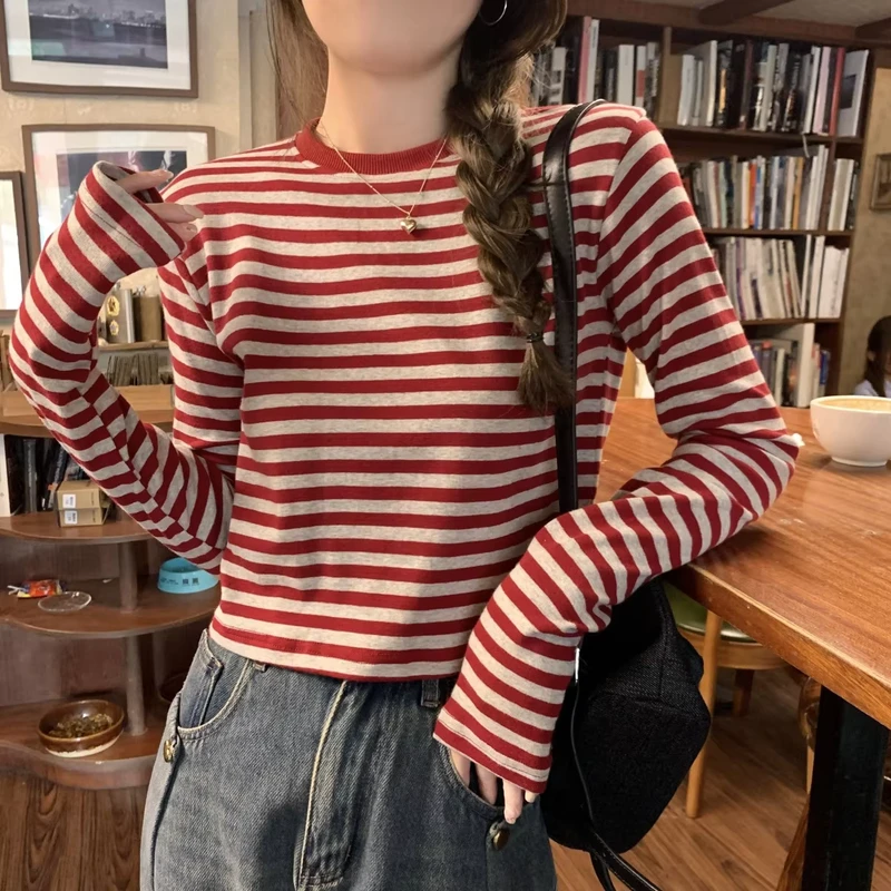 CHINEE-Contrast-Color-Striped-Womens-Long-sleeved-T-shirt-Casual-Slimming-Short-Top