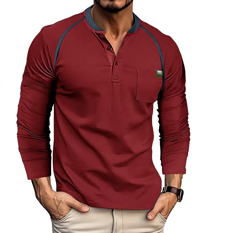 CHINEE-Cross-Border-Autumn-Winter-Mens-Outdoor-Pocket-Long-Sleeve-Henry-T-Shirt-Foreign-Trade-Vintage-Raglan-Base-Layer-180g-Cotton