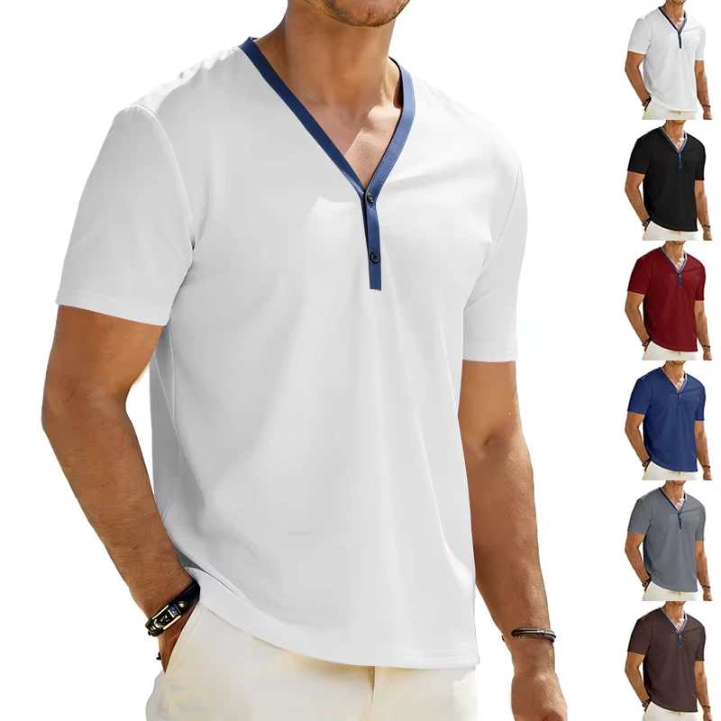 CHINEE-Cross-border-Loose-Summer-Mens-Simple-Casual-Stretch-V-neck-Short-T-shirt