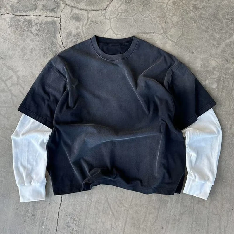 CHINEE-Custom-100-Cotton-Mens-Double-Layer-Long-Sleeve-T-shirt-Black-Distressed-Acid-Wash-Oversize-Waffle-Thermal-for-Mens-T-shirt