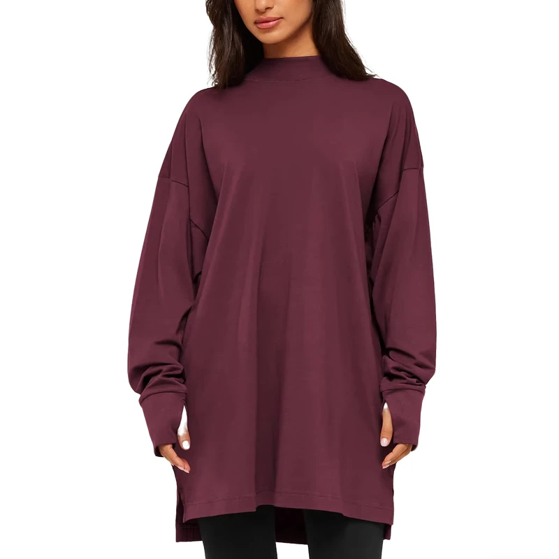 CHINEE-Custom-Covered-Longline-Long-Sleeve-Top-Oversized-Fit-Long-Sleeve-Drop-Shoulder-with-Thumbholes-Mock-Neck-Womens-T-shirt