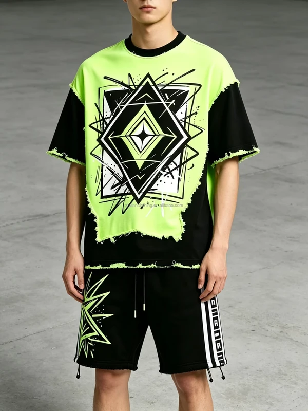 CHINEE-Custom-Distressed-Raw-Edge-Graphic-Print-2-Tone-Color-Block-Mens-Streetwear-T-shirt