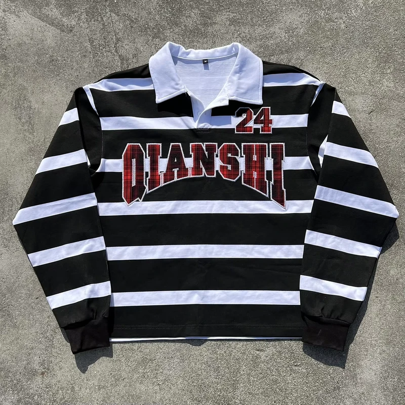 CHINEE-Custom-Embroidered-Stripe-Button-up-Shirts-Oversized-Boxy-Long-Sleeve-T-Shirt-100-Cotton-Thermal-Long-Sleeve-T-Shirt-for-Men