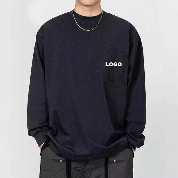 CHINEE-Custom-Knitted-Oversized-Long-Sleeve-Cotton-Pocket-T-shirt-Heavyweight-Plain-Mens-Solid-Color-T-shirts